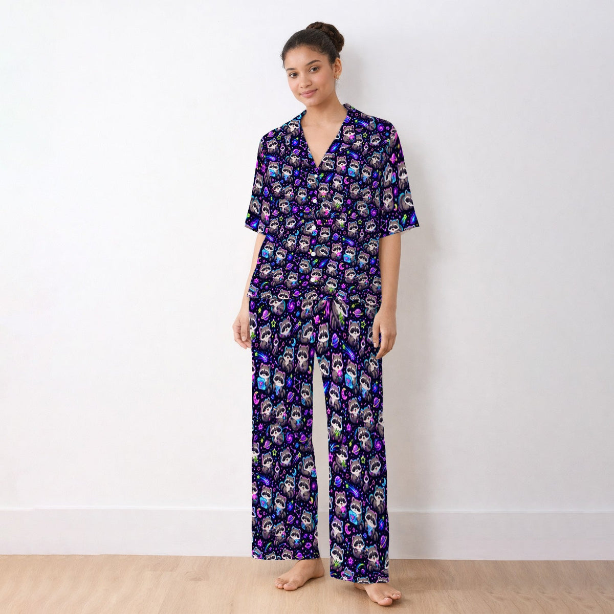 Neon Galaxy Raccoon Space Pajama Set