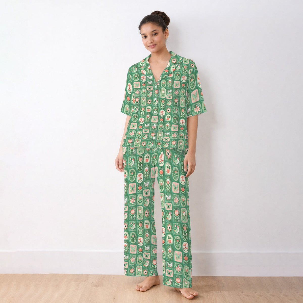 Folk Art Floral Bird Butterfly Garden Pajama Set
