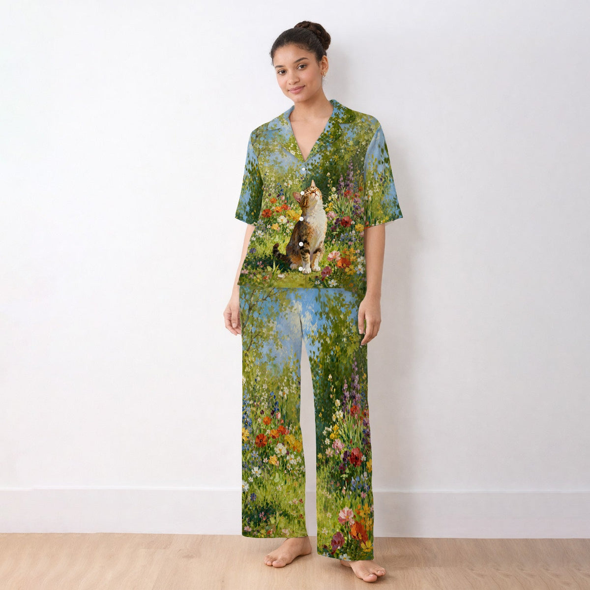 Whimsical Garden Cat Blossom Pajama Set