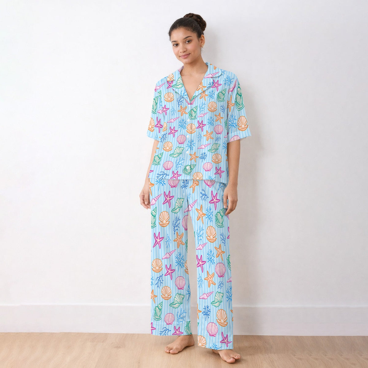 Colorful Seashell Starfish Ocean Stripe Pajama Set