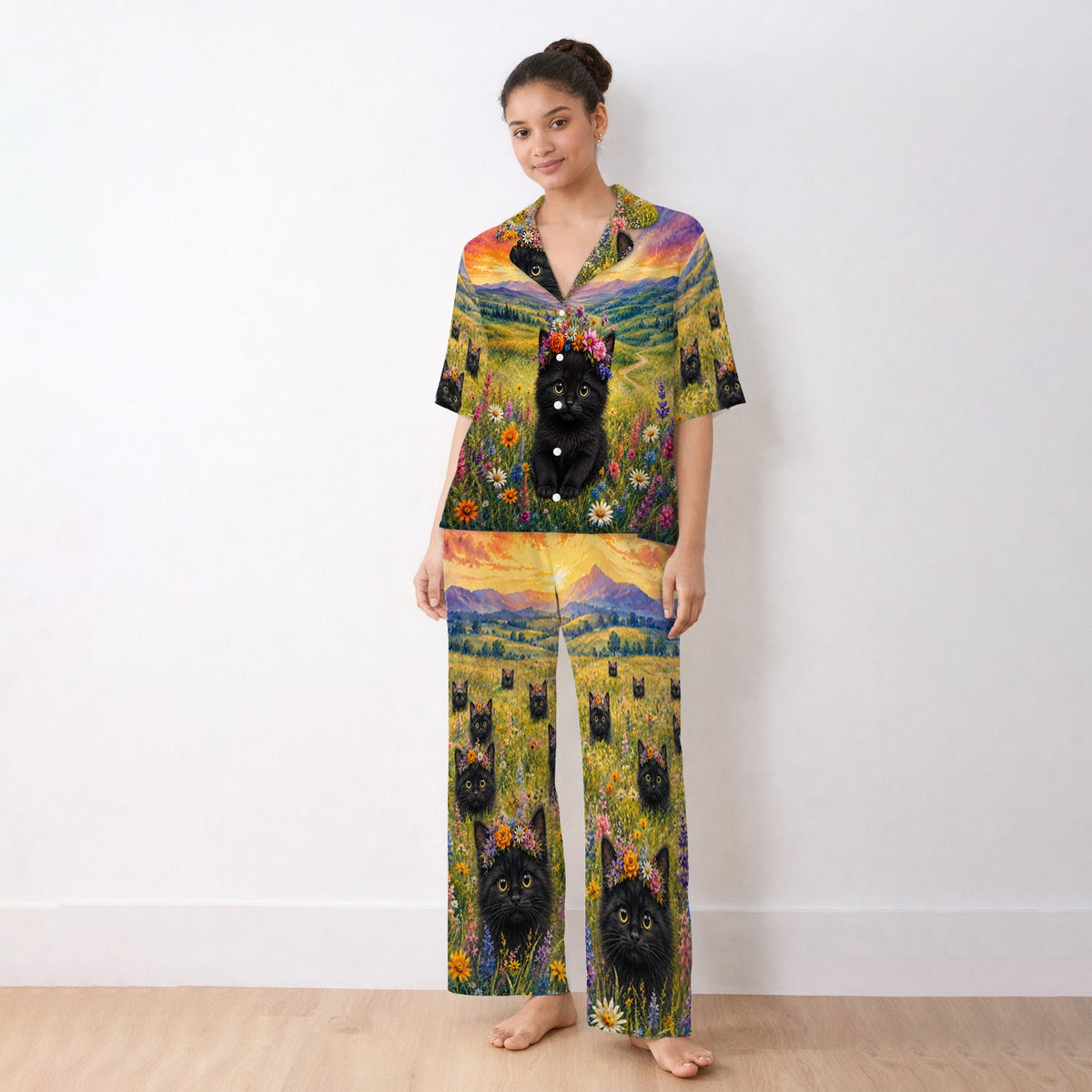 Black Kitten Flower Meadow Pajama Set