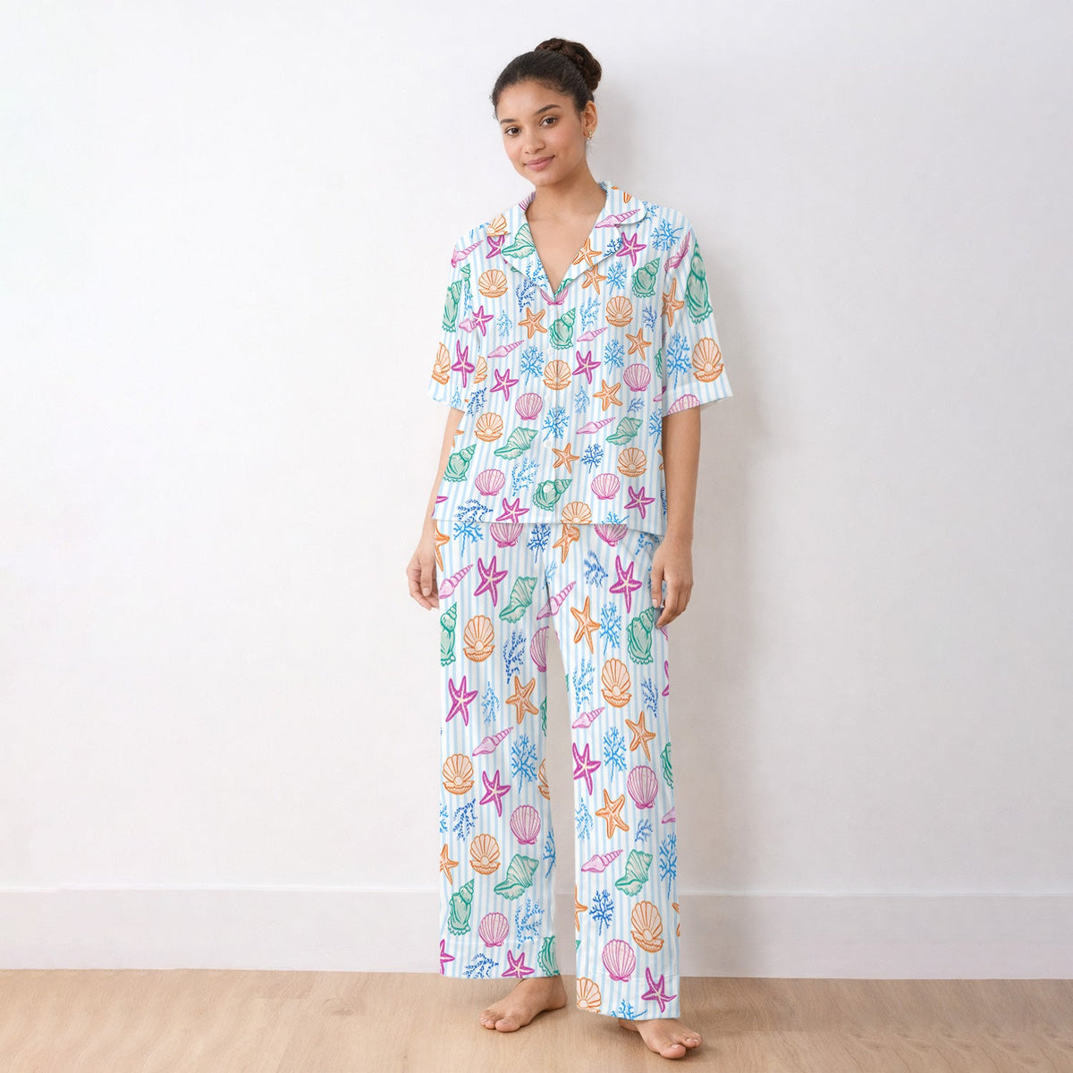 Colorful Seashell Starfish Ocean Stripe Pajama Set