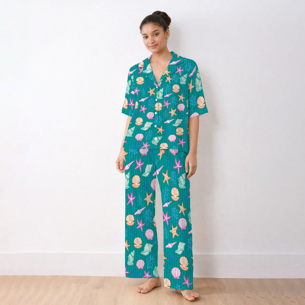 Colorful Seashell Starfish Ocean Stripe Pajama Set