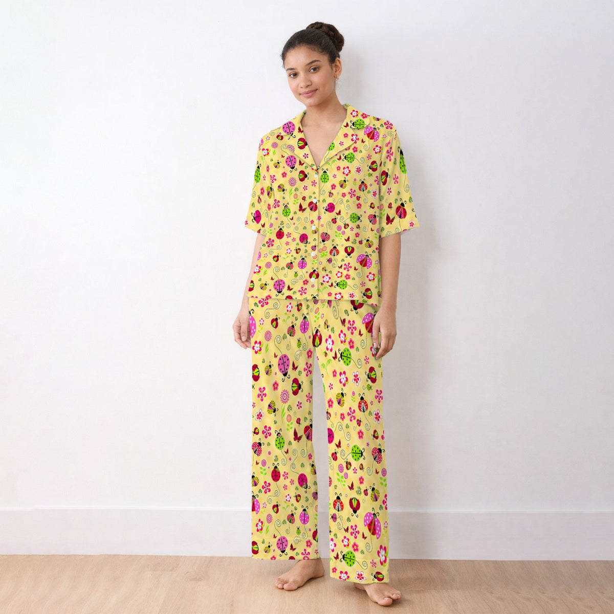 Yellow Ladybug Floral Garden Pajama Set