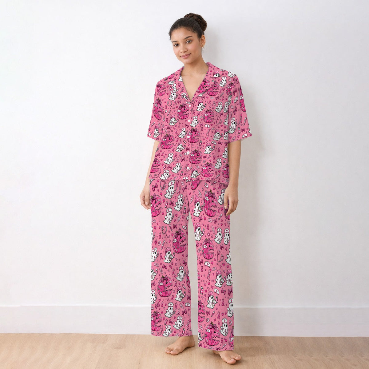 Pink Ribbon Ghost Pattern Pajama Set