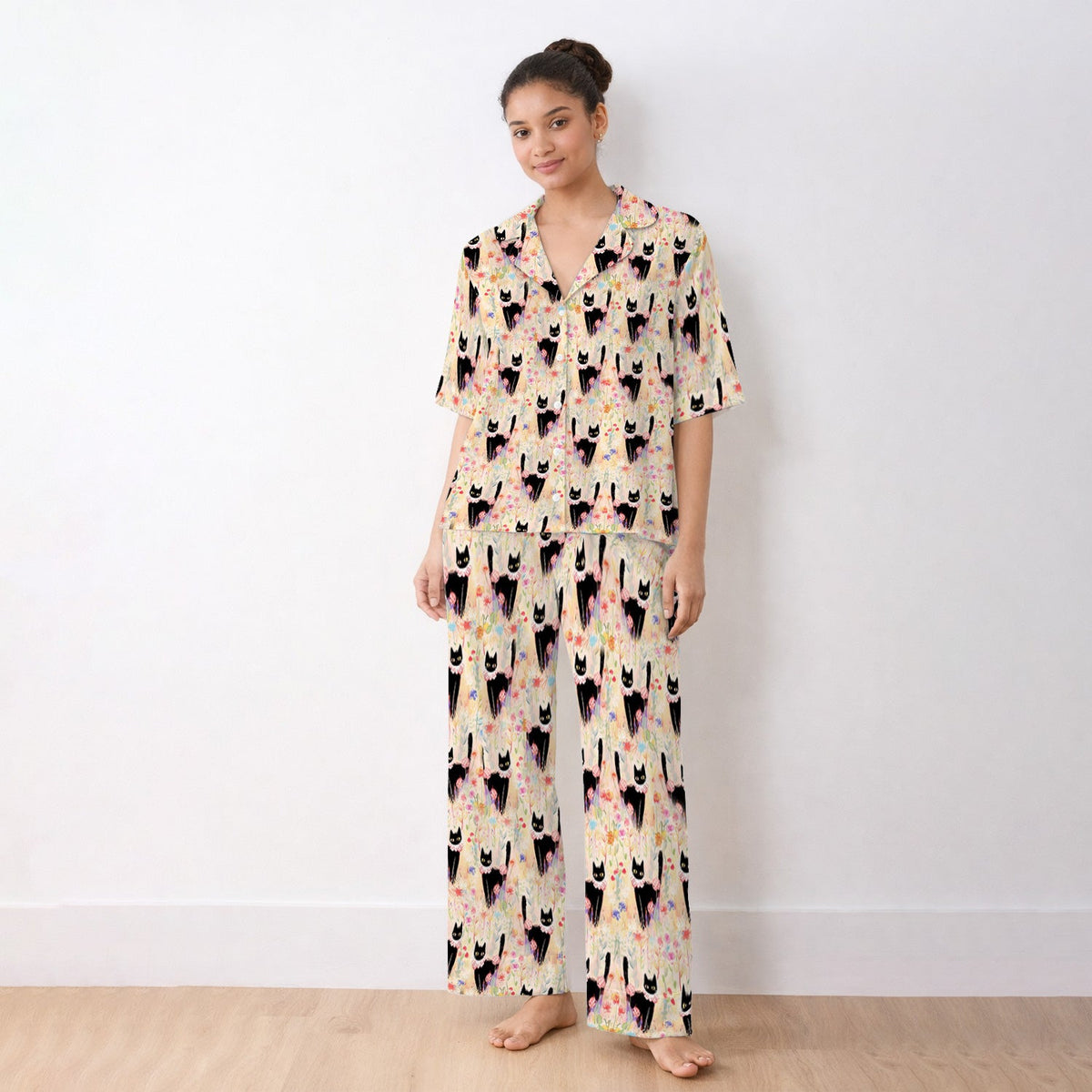 Black Cat Floral Garden Pajama Set