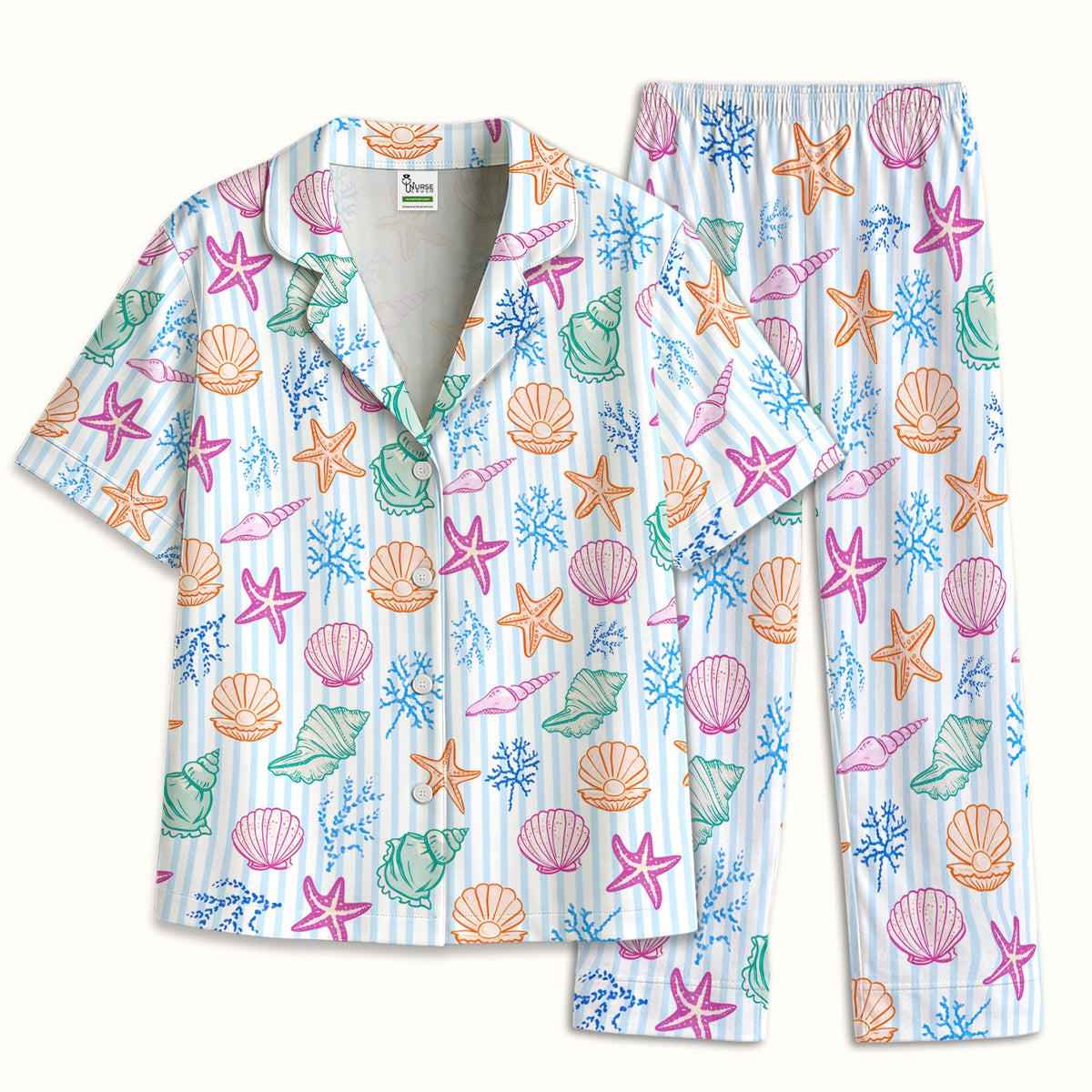 Colorful Seashell Starfish Ocean Stripe Pajama Set