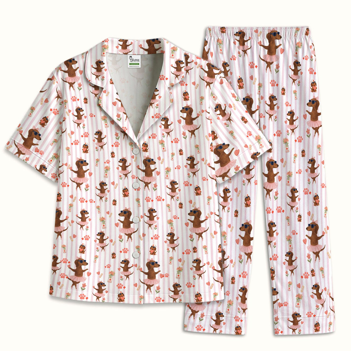 Dachshund Ballet Tutu Hearts Nurse Pajama Set