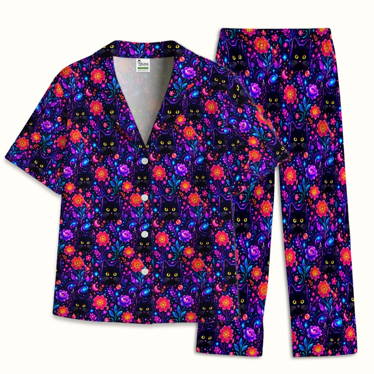 Galaxy Black Cat Floral Pajama Set