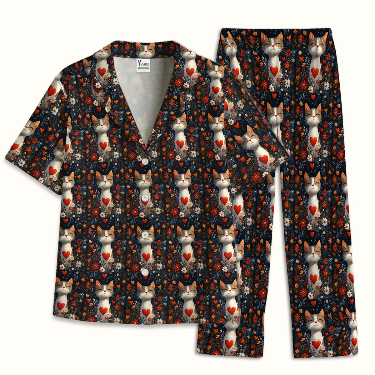 Cat Heart Floral Garden Nurse Pajama Set