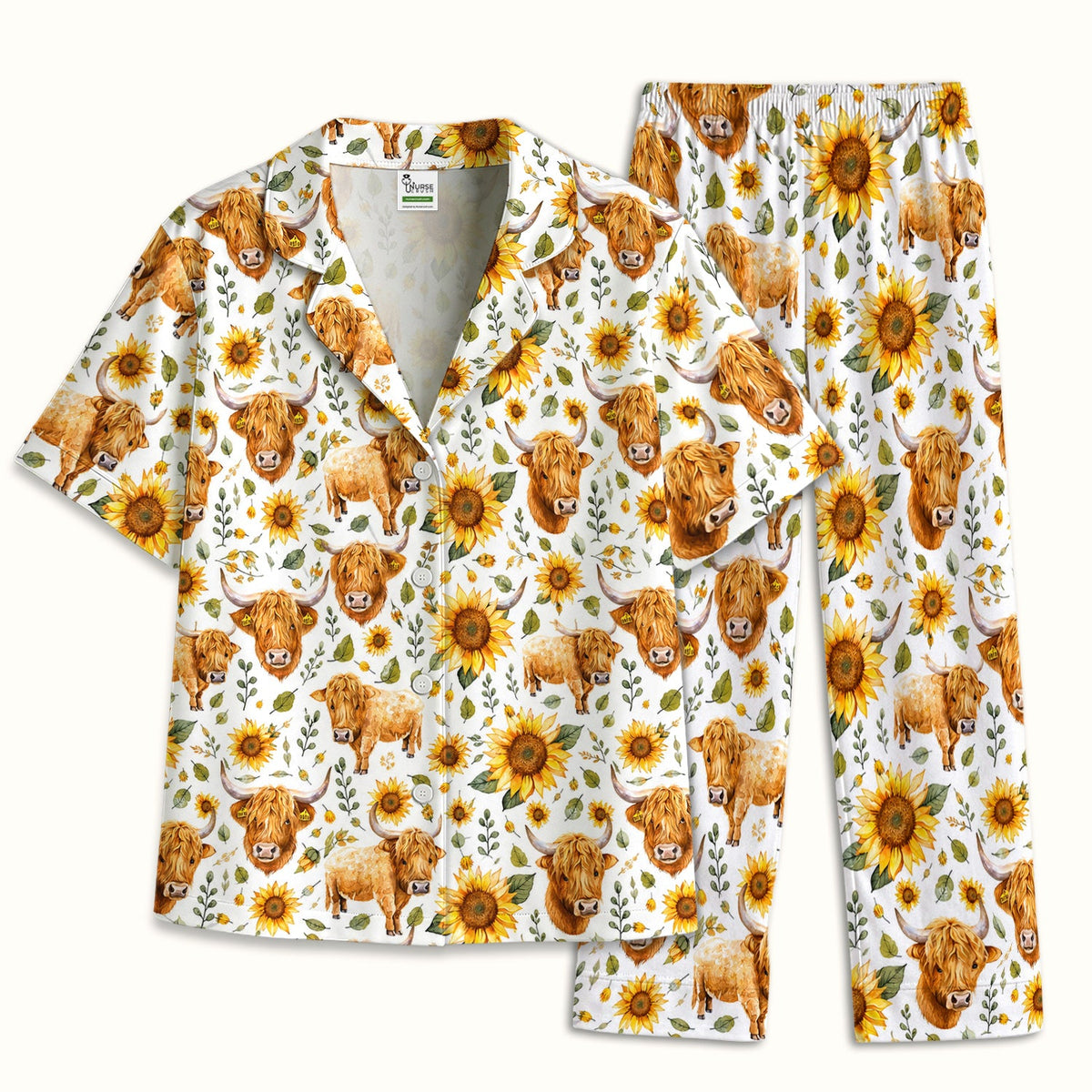 Highland Cow Sunflower Pattern Pajama Set For Nurse