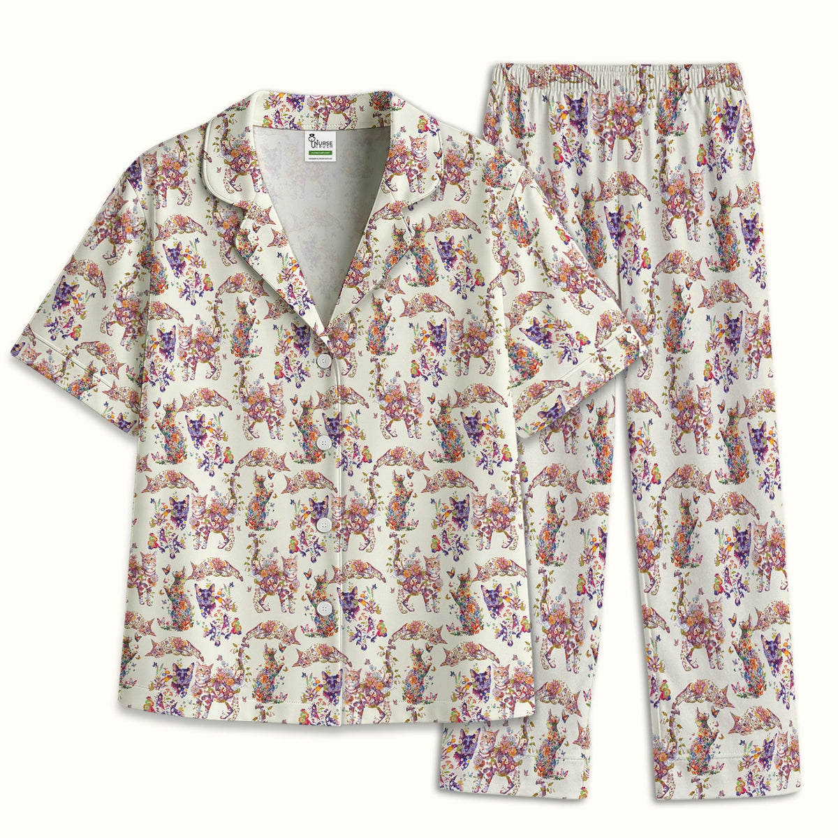 Whimsical Floral Cat Garden Pajama Set