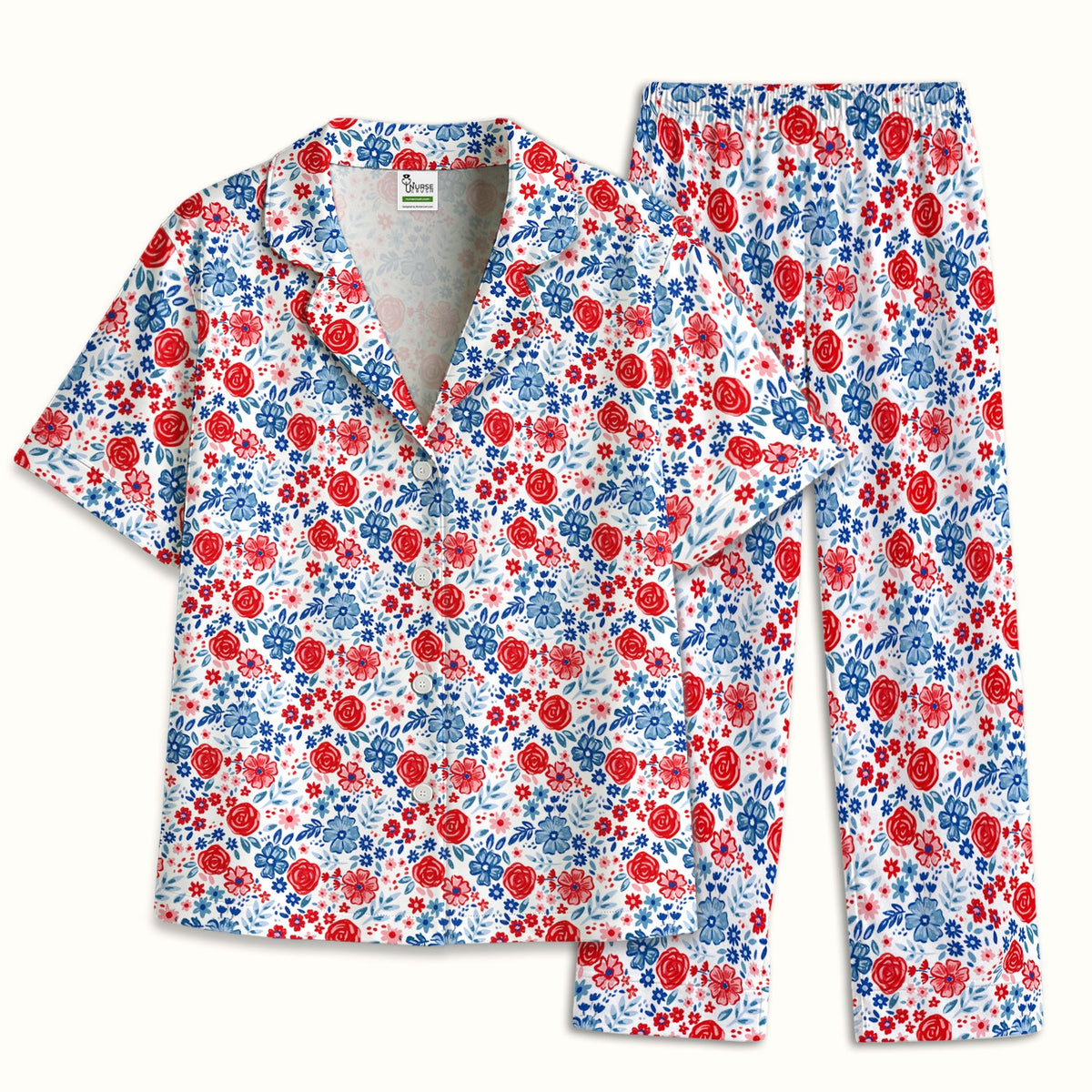Red Blue Floral Garden Blossom Pajama Set