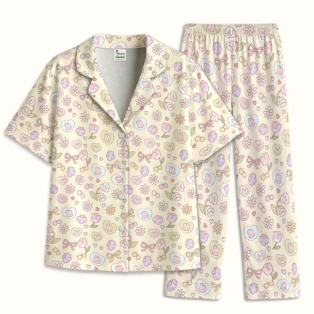 Pastel Bunny Flower Heart Nurse Pajama Set