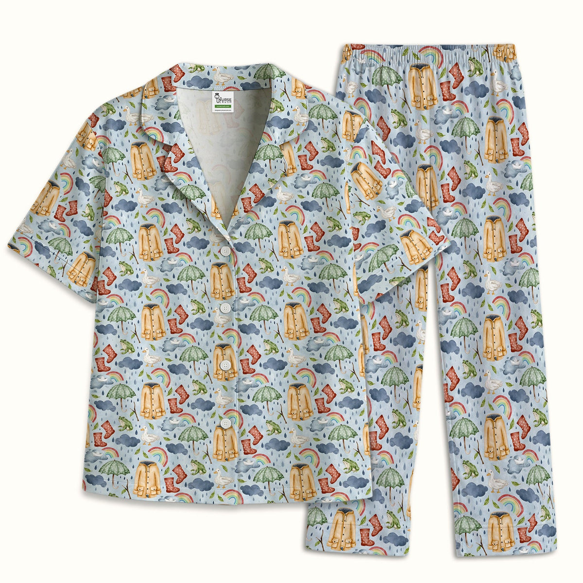 Rainy Day Ducks & Frog Nurse Pajama Set