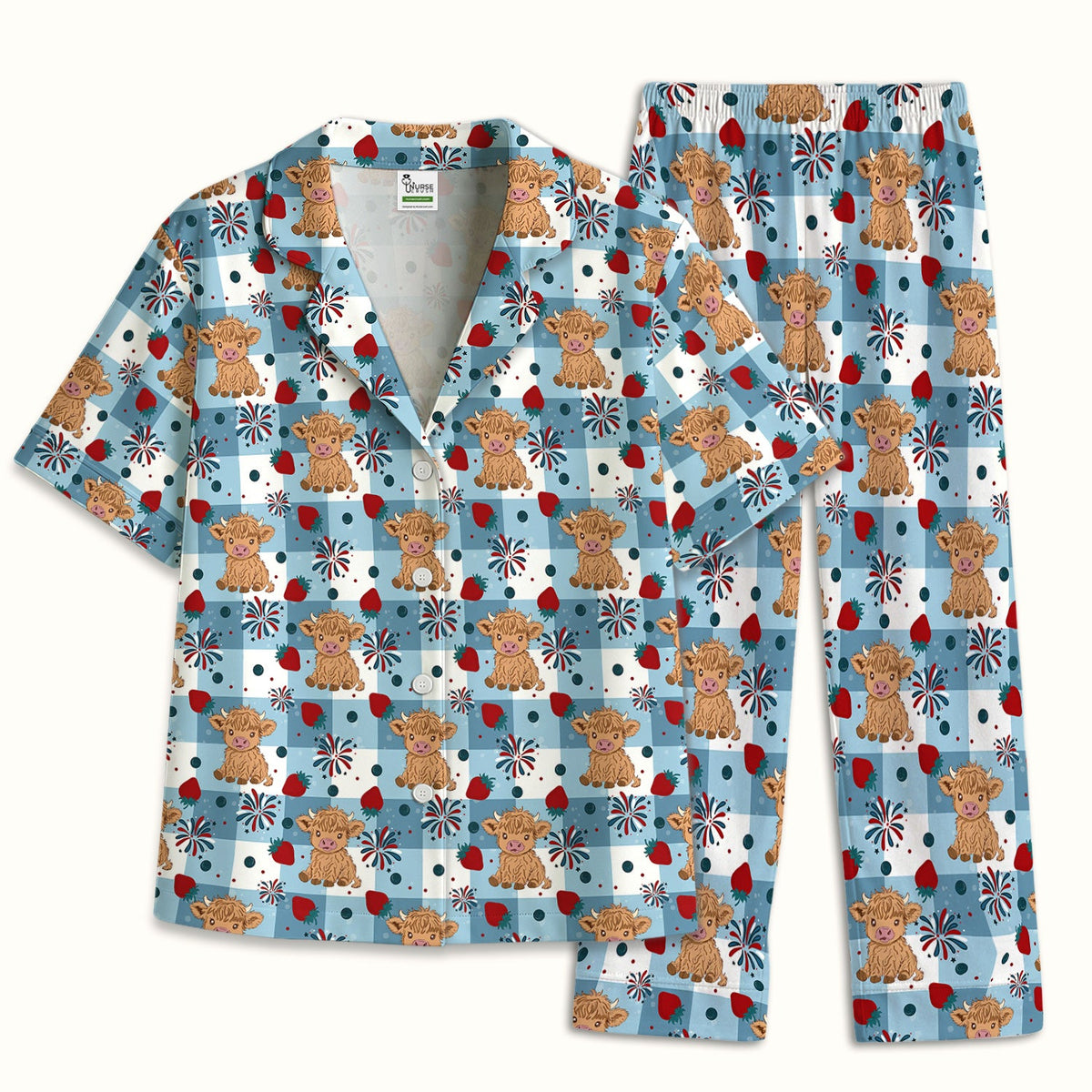 Highland Cow Strawberry Gingham Pajama Set For Nurse