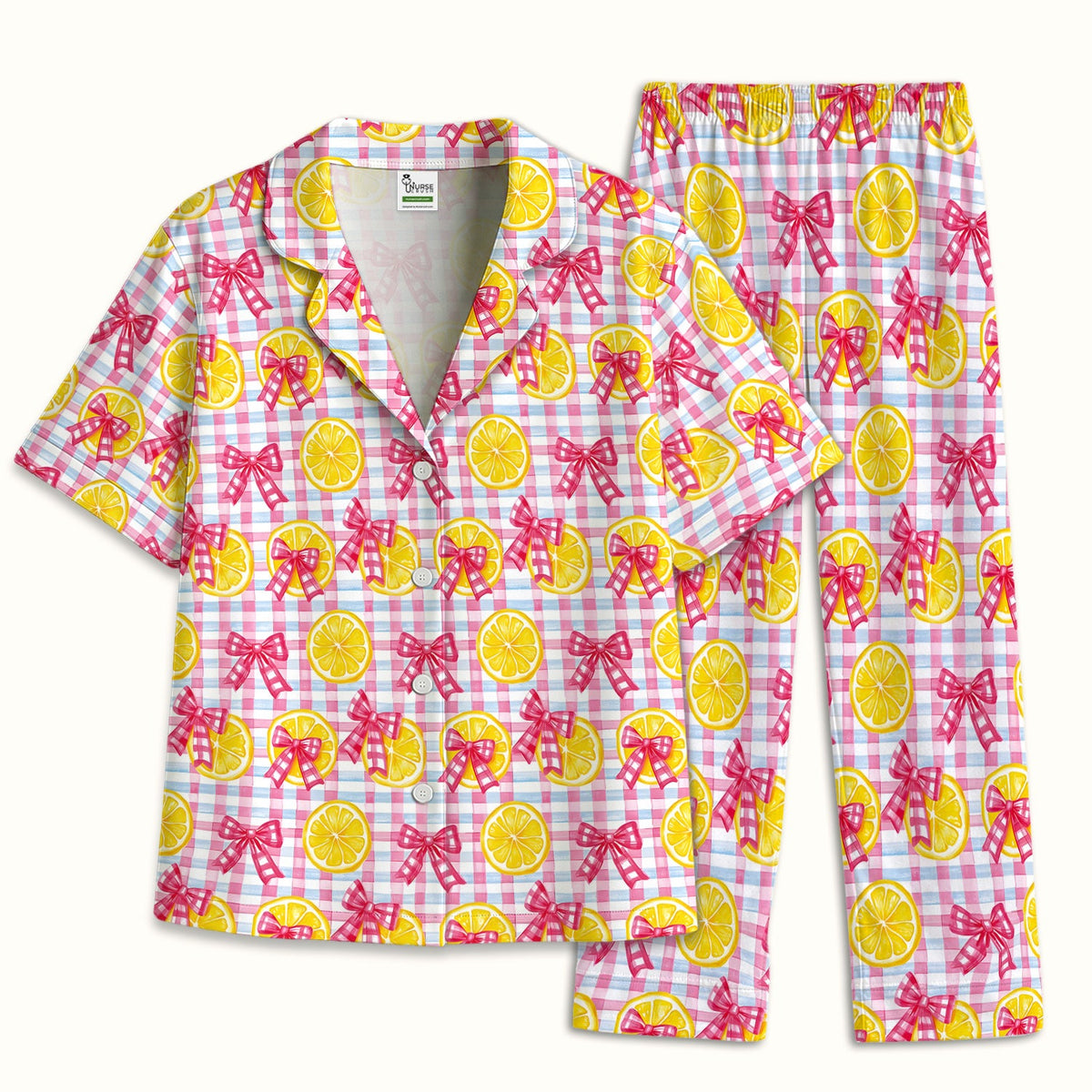 Lemon Slice Pink Bow Gingham Pajama Set