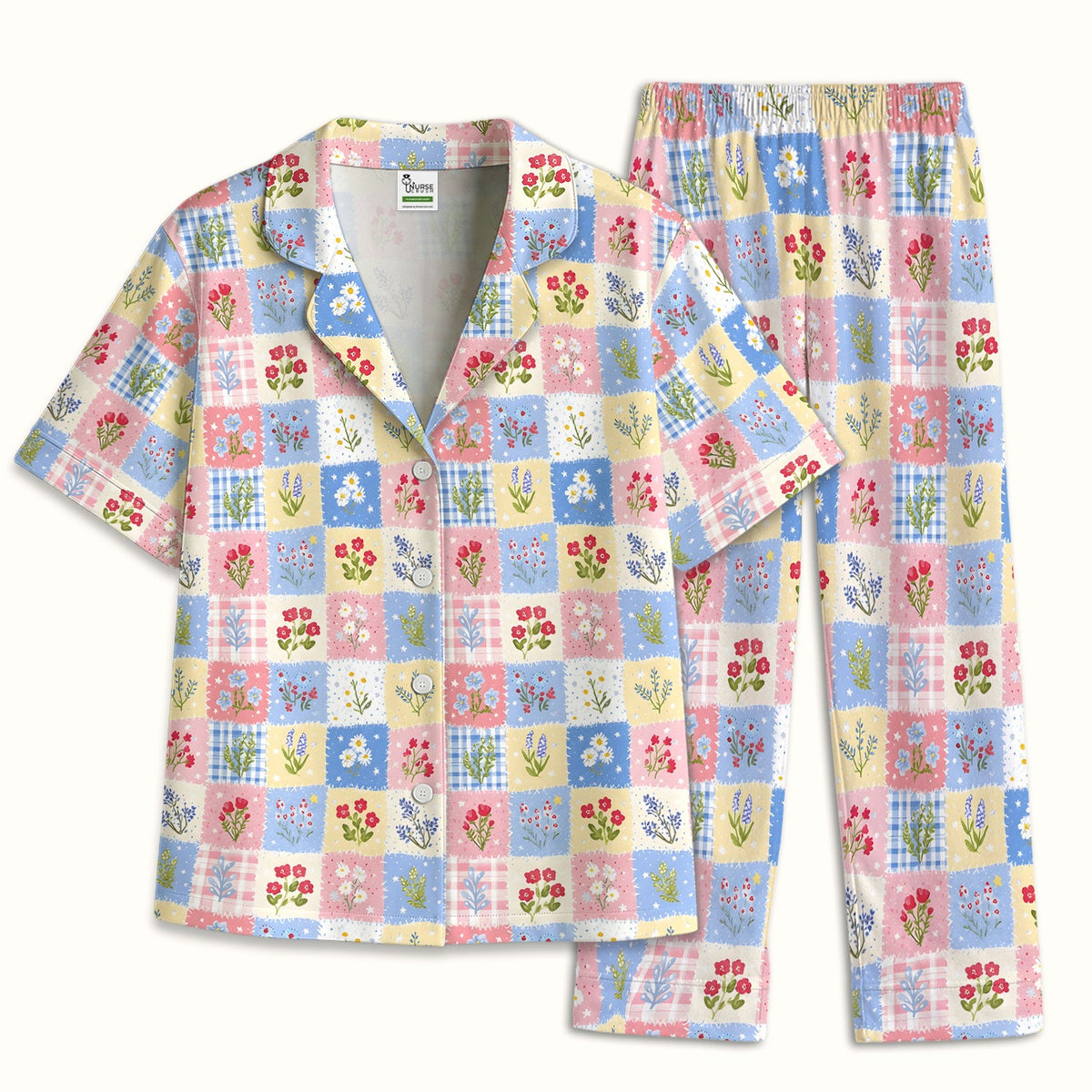 Pastel Patchwork Wildflower Garden Nurse Pajama Set