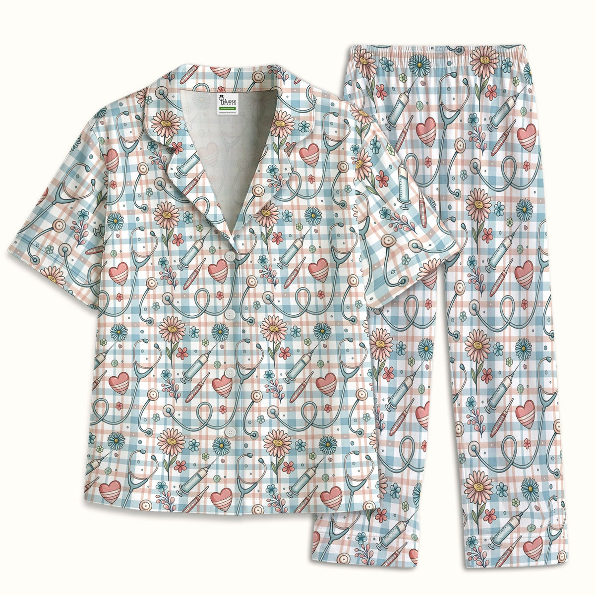 Stethoscope Heart Syringe Floral Plaid Pajama Set