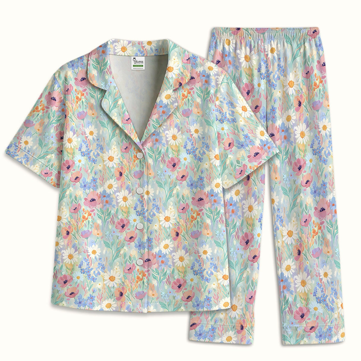 Pastel Wildflower Meadow Floral Nurse Pajama Set