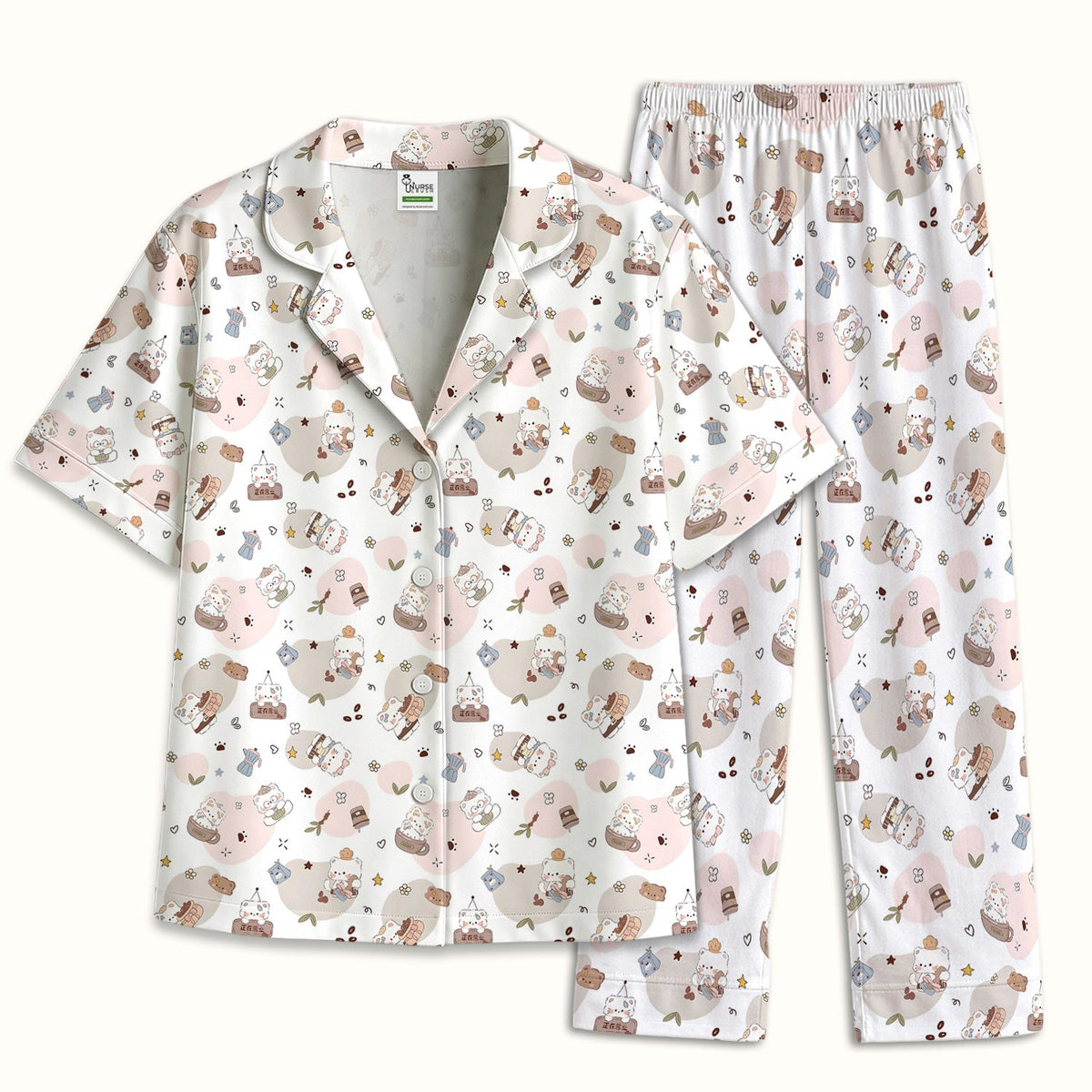 Cat With Coffee Paw Heart Nurse Pajama Set