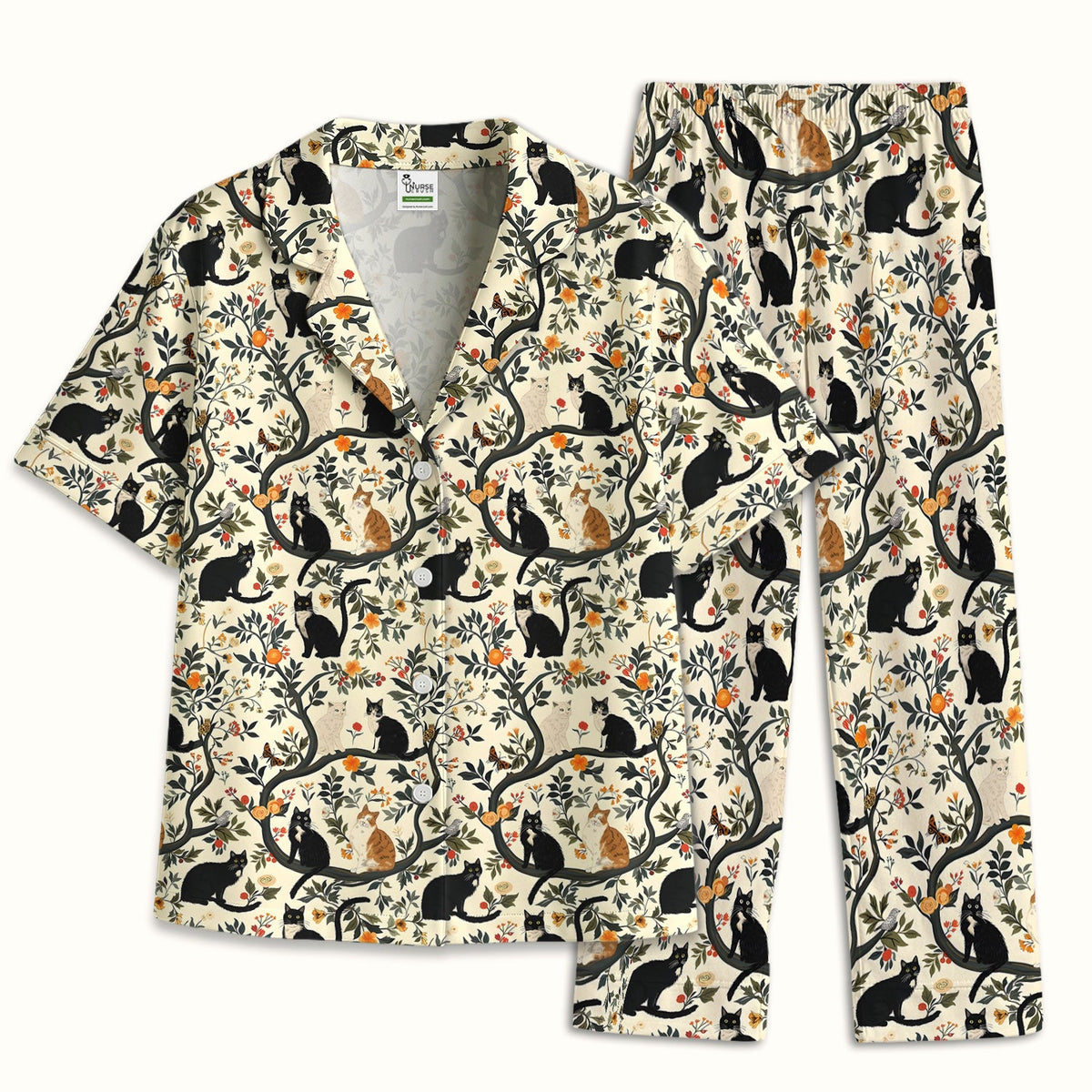 Vintage Black Cat Floral Pajama Set