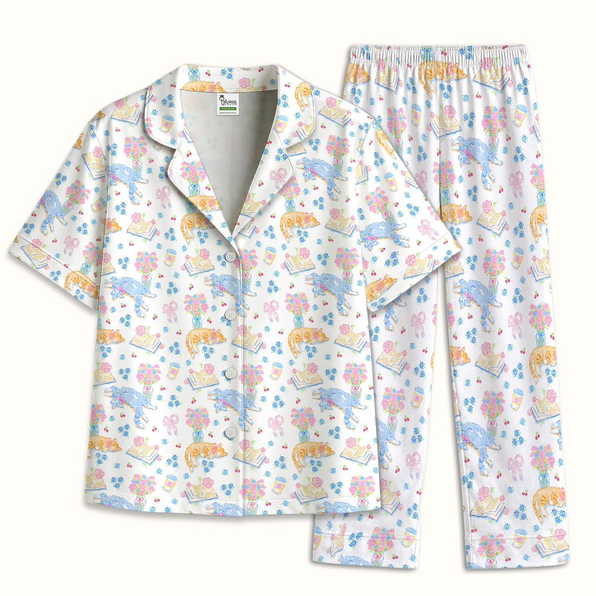 Cats Reading Floral Books Nurse Pajama Set