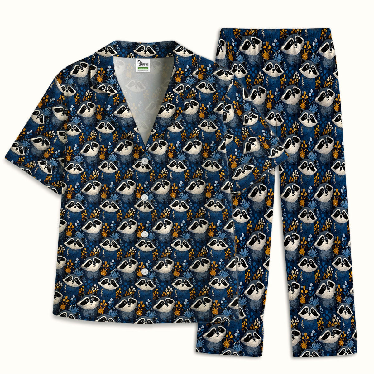 Raccoon Blue Floral Forest Pajama Set