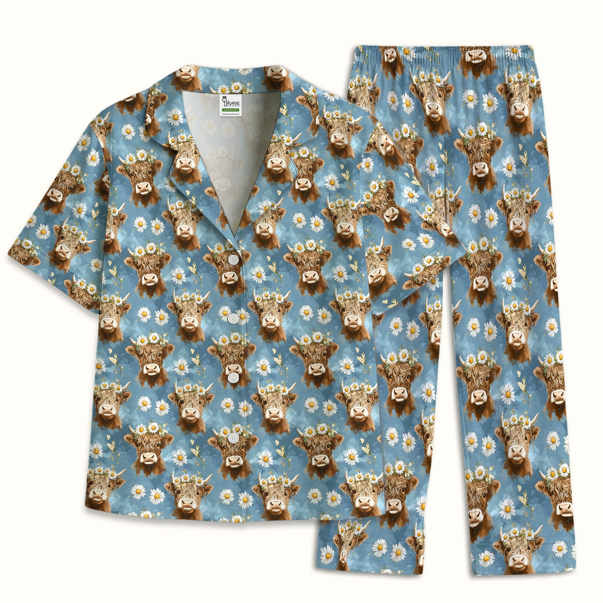 Highland Cow Daisy Flower Pajama Set For Nurse