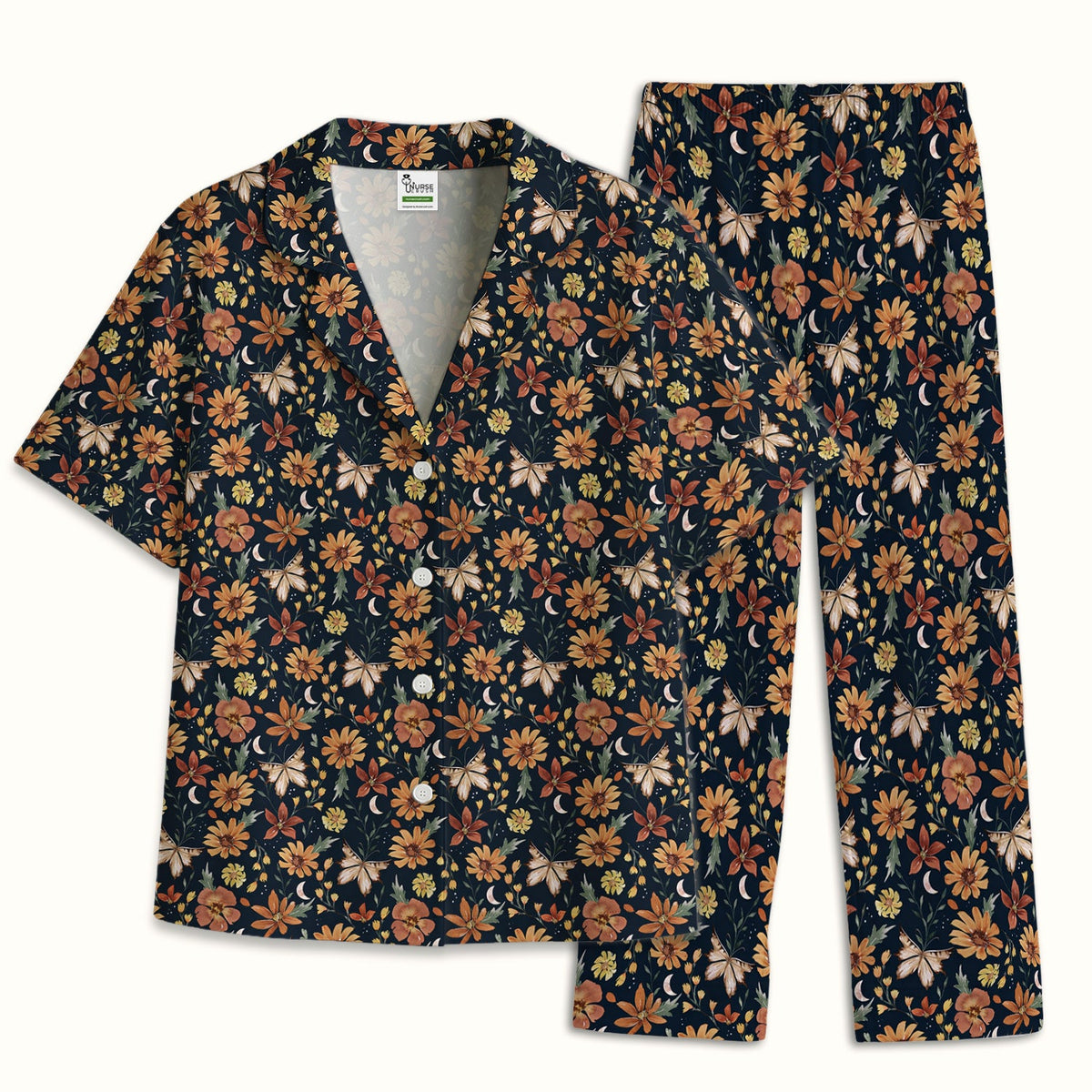 Autumn Floral Butterfly Moon Nurse Pajama Set