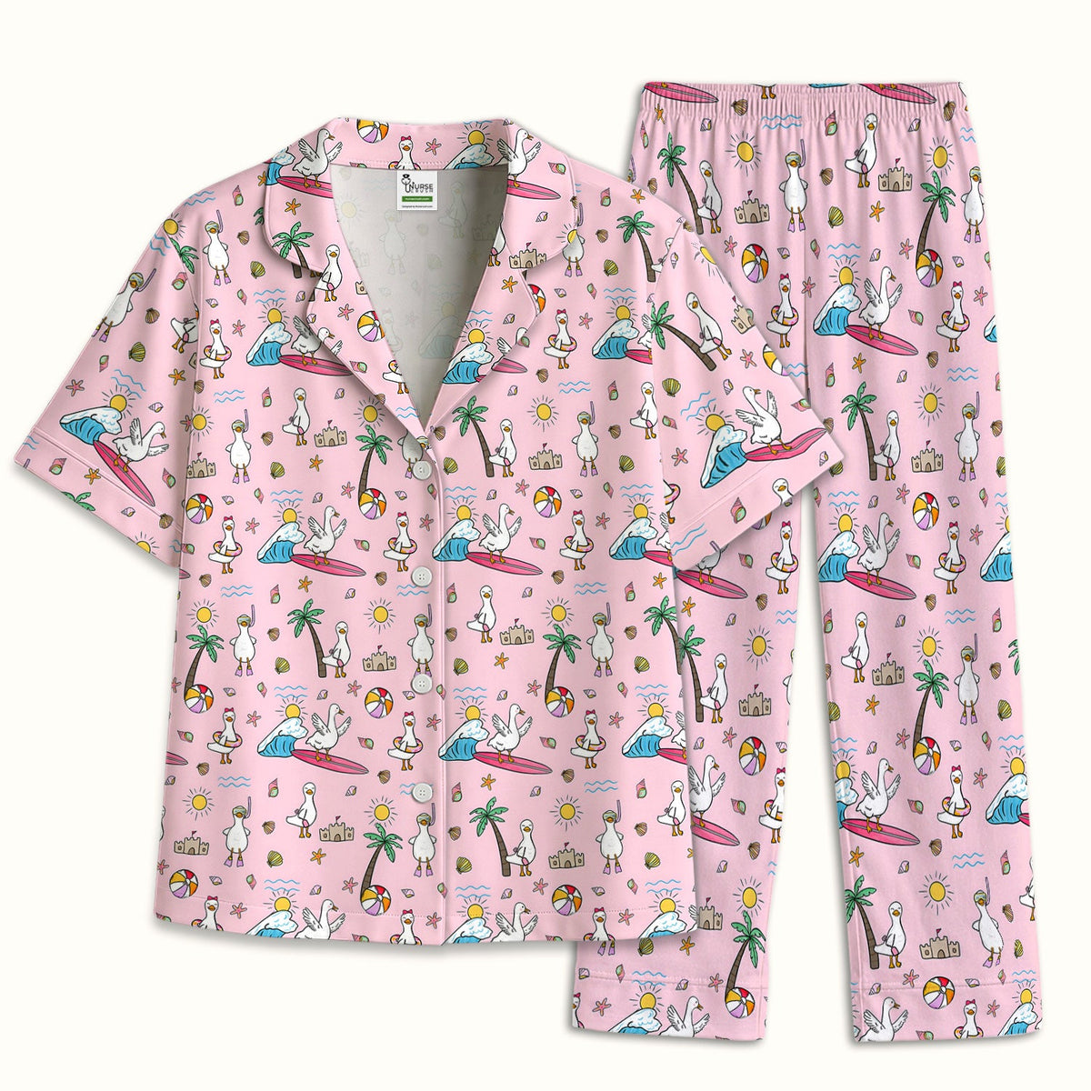 Seagull Surfboard Beach Palm Tree Pajama Set