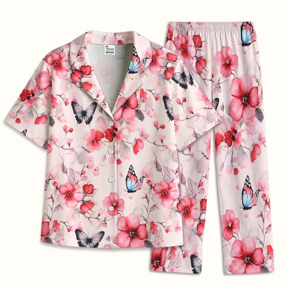 Pink Butterfly Blossom Nurse Pajama Set