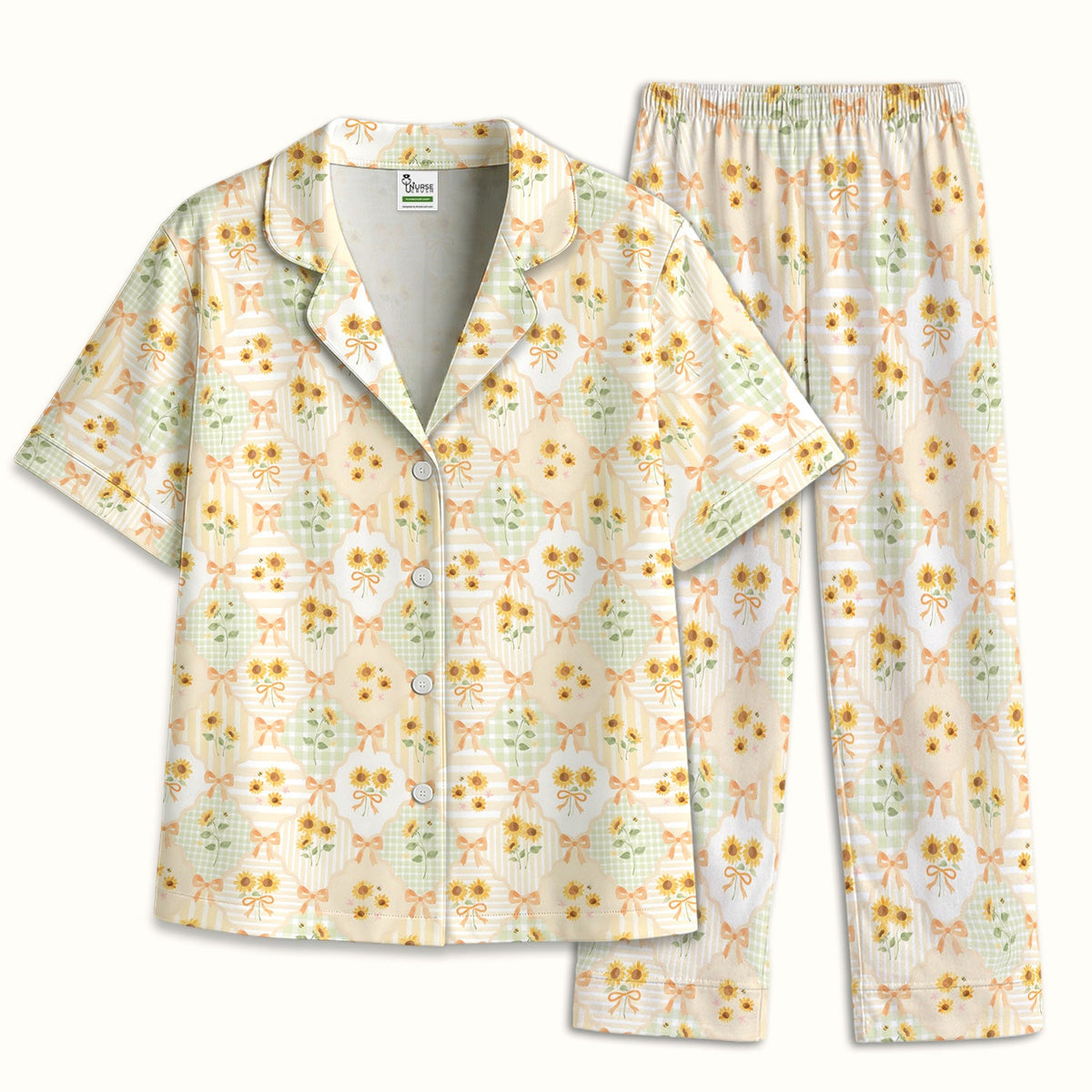 Sunflower Ribbon Patchwork Nurse Pajama Set