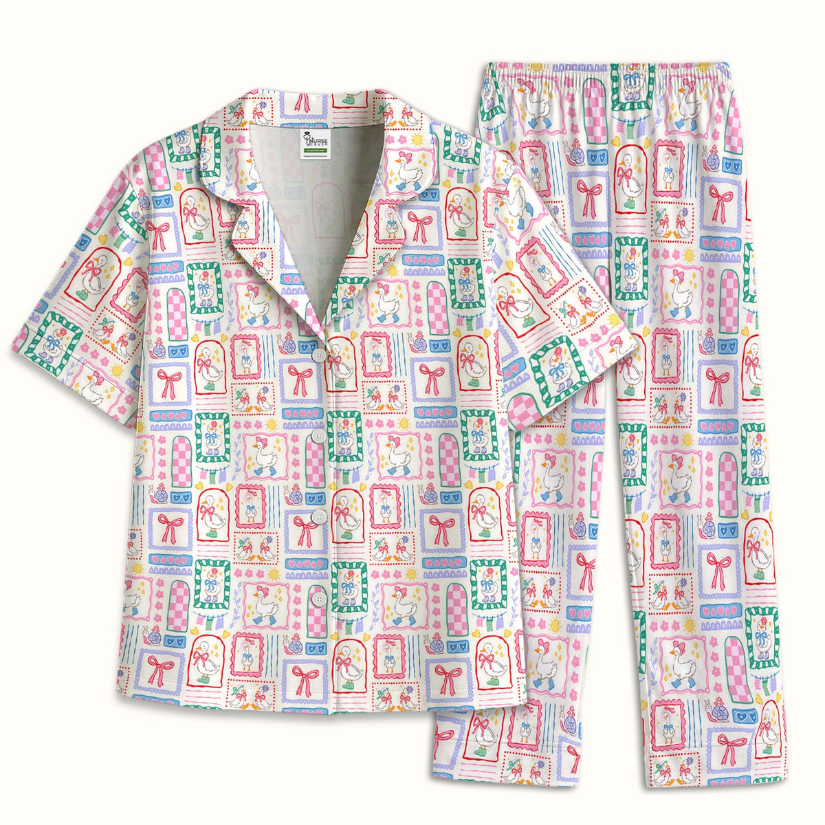 Adorable Goose Ribbon Patchwork Frame Pajama Set