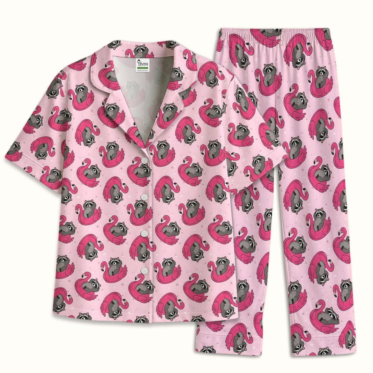 Raccoon Flamingo Float Nurse Pajama Set