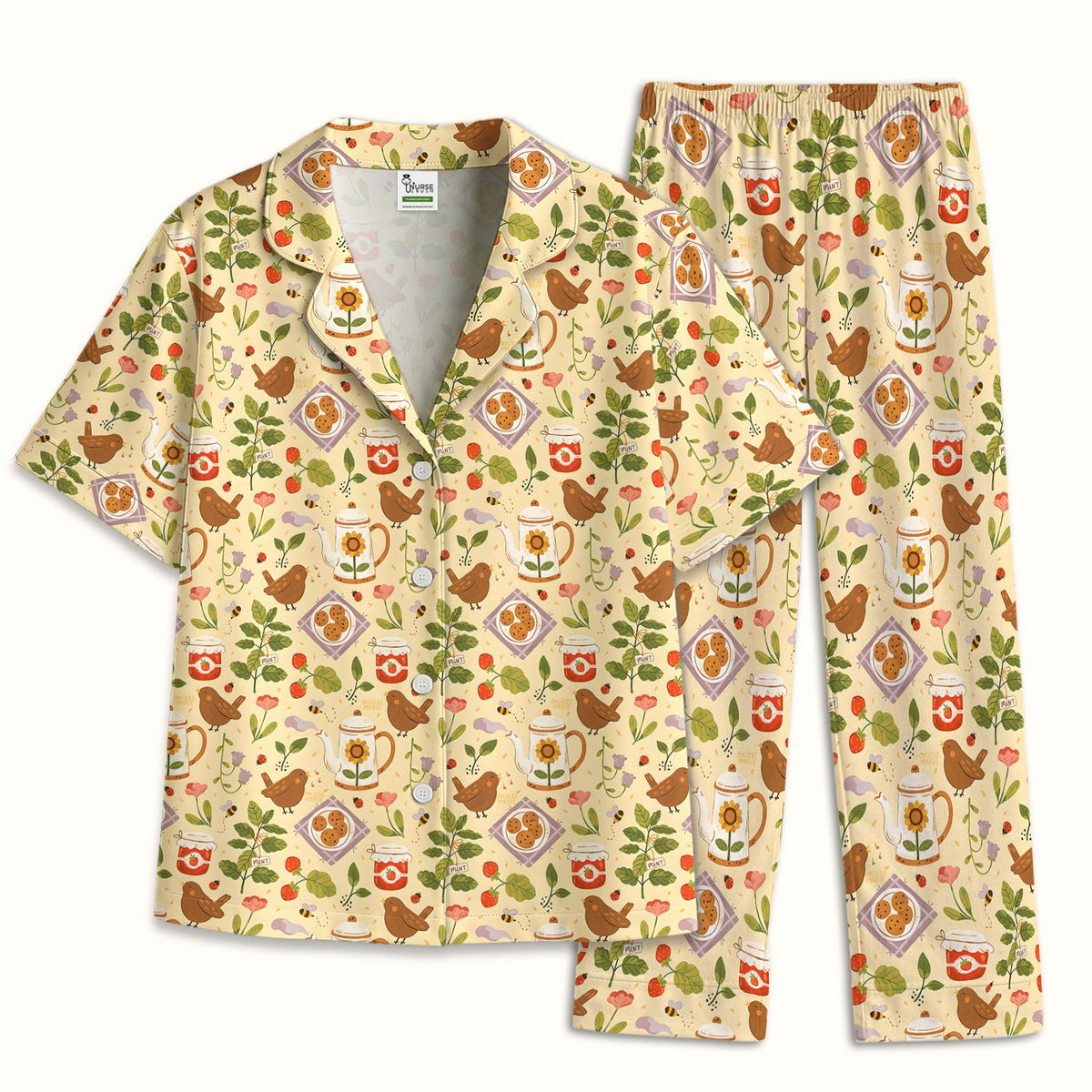 Garden Tea Bird Strawberry Pajama Set