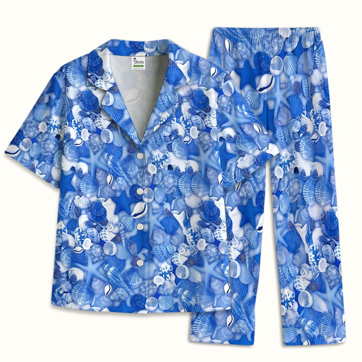 Blue Seashell Starfish Ocean Nurse Pajama Set