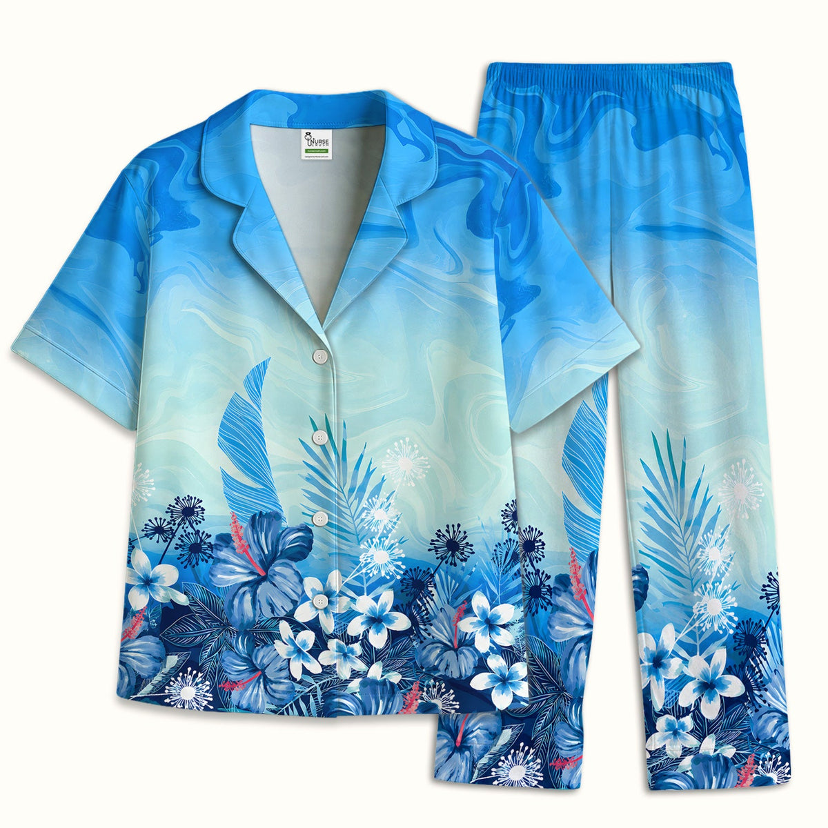 Elegant Blue Tropical Floral Pajama Set