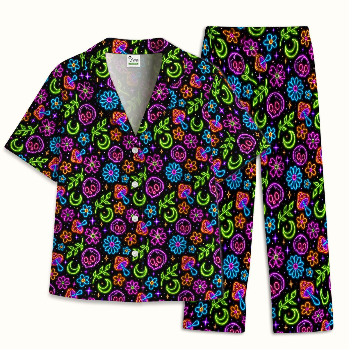 Neon Skull Mushroom Floral Nurse Pajama Set