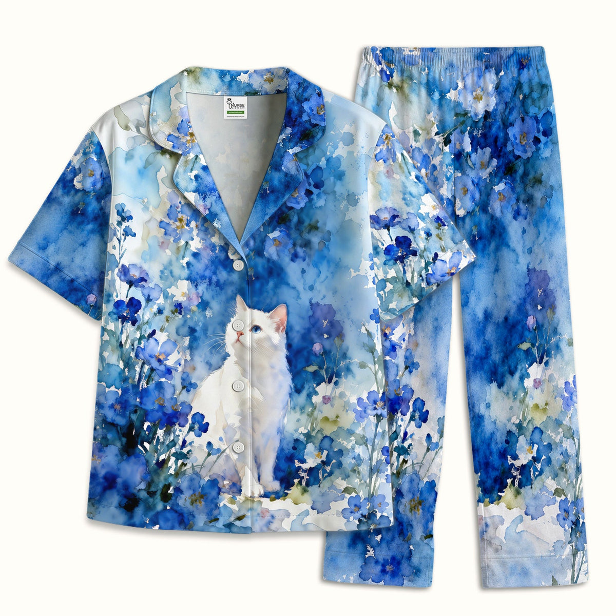 Adorable Blue Floral White Cat Pajama Set