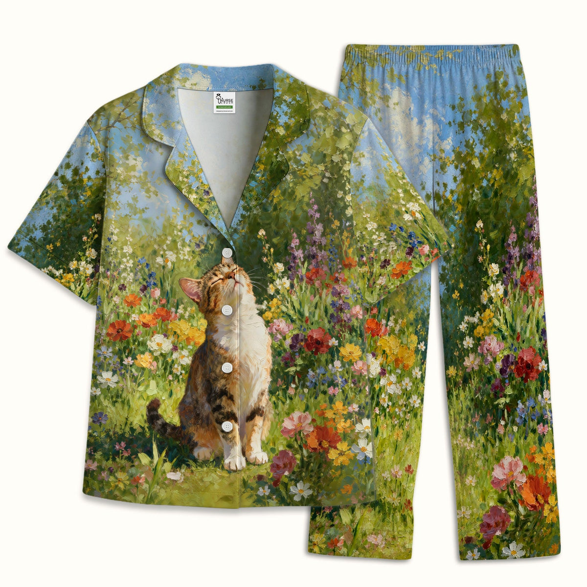 Whimsical Garden Cat Blossom Pajama Set