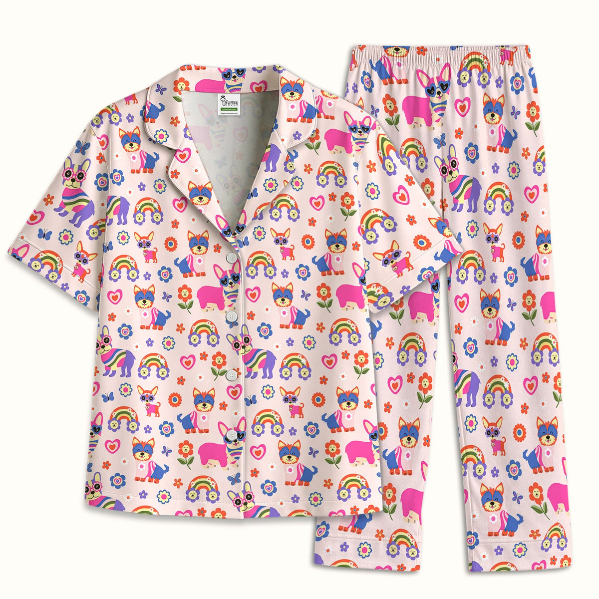 Colorful Cartoon Dogs Rainbow Flowers Pajama Set