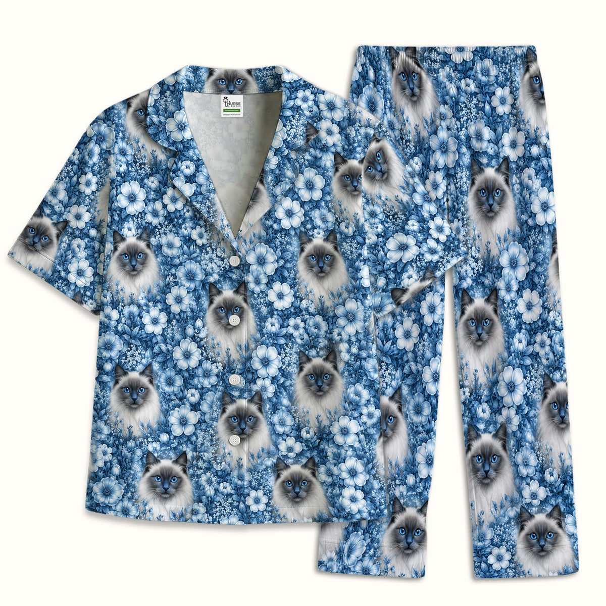 Blue Floral Ragdoll Cat Nurse Pajama Set