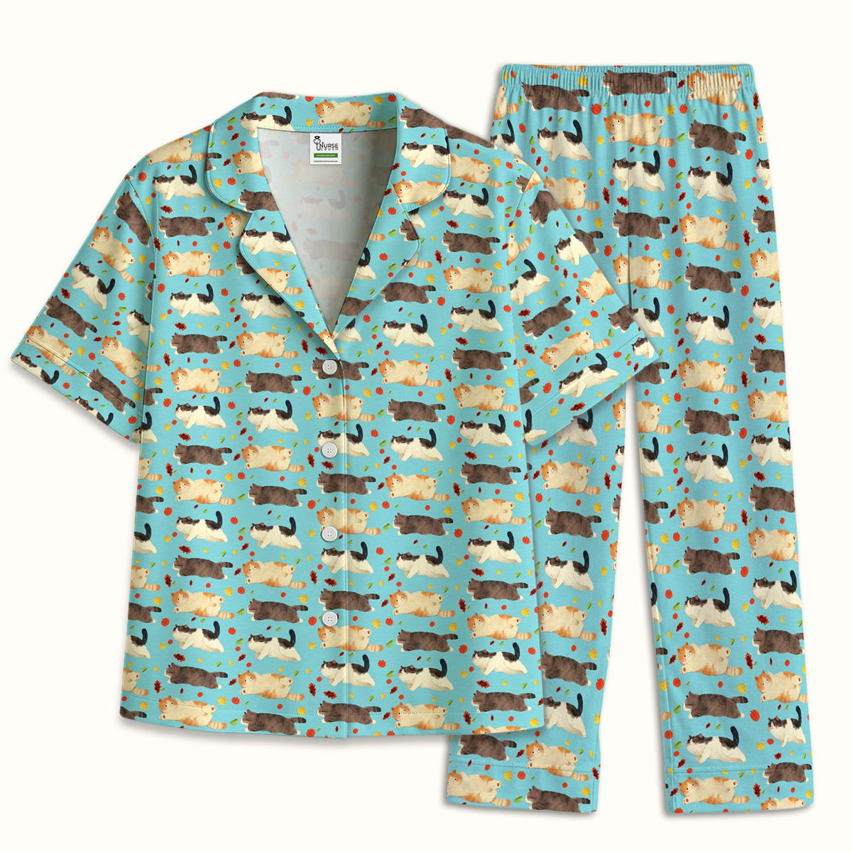 Personalized Chubby Cat Autumn Leaves Pajama Set