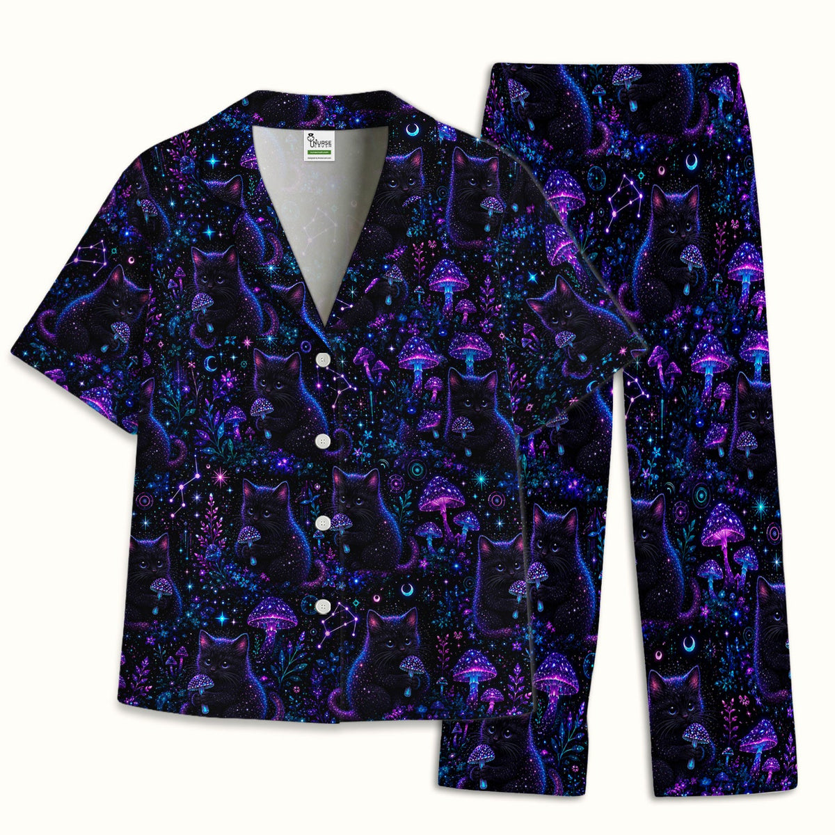 Neon Black Cat Mushroom Galaxy Pajama Set