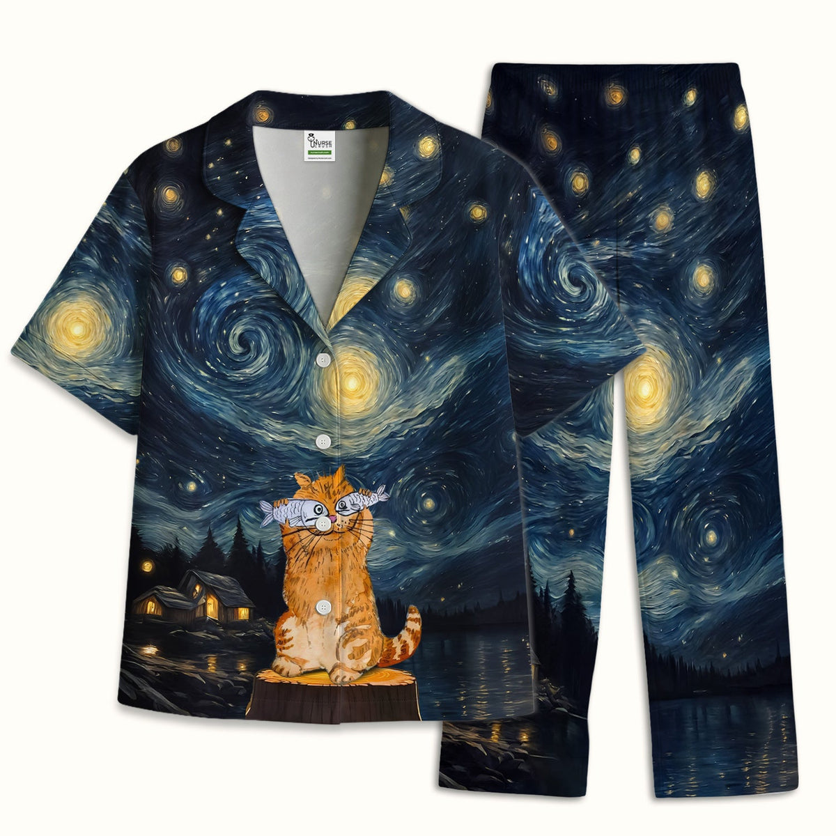 Cat Starry Night Sky Nurse Pajama Set