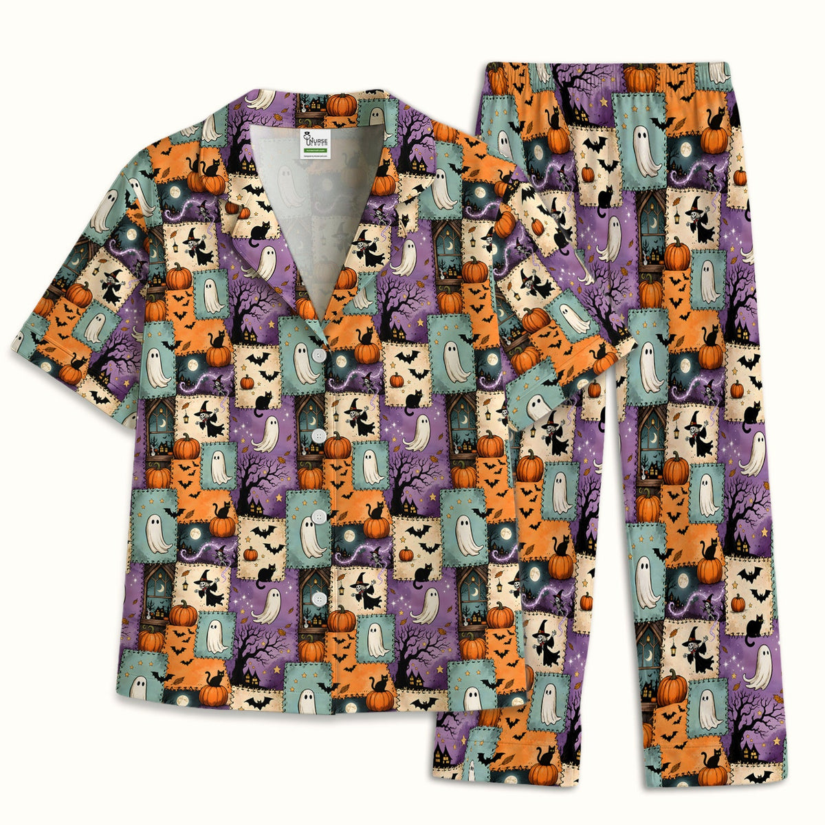 Spooky Ghost Black Cat Patchwork Pajama Set