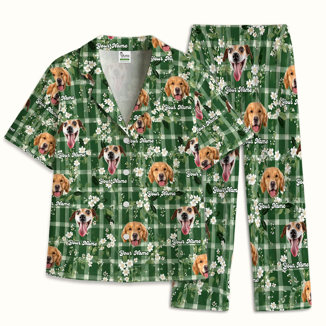 Dog Face Green Plaid Floral Pajama Set
