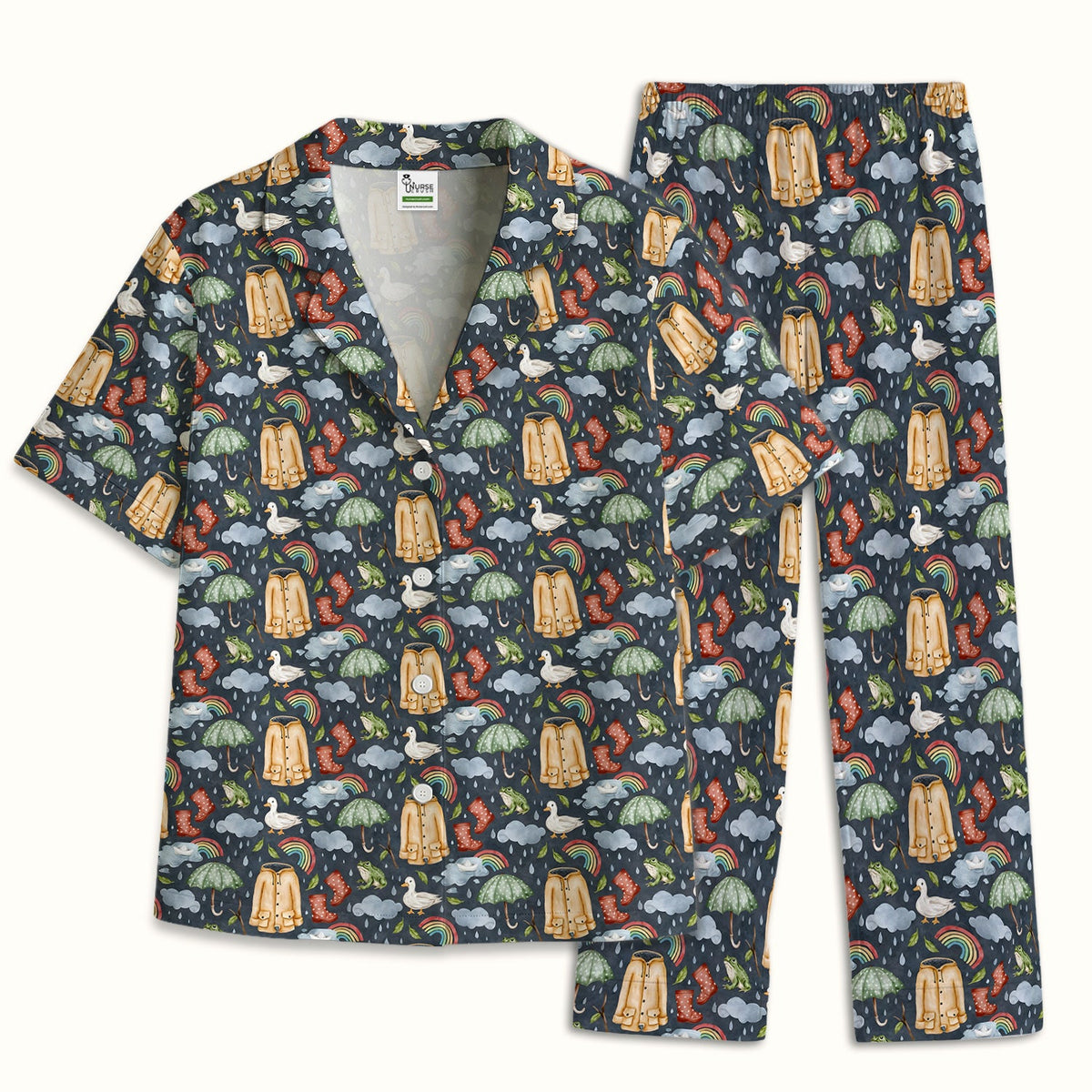 Rainy Day Ducks & Frog Nurse Pajama Set