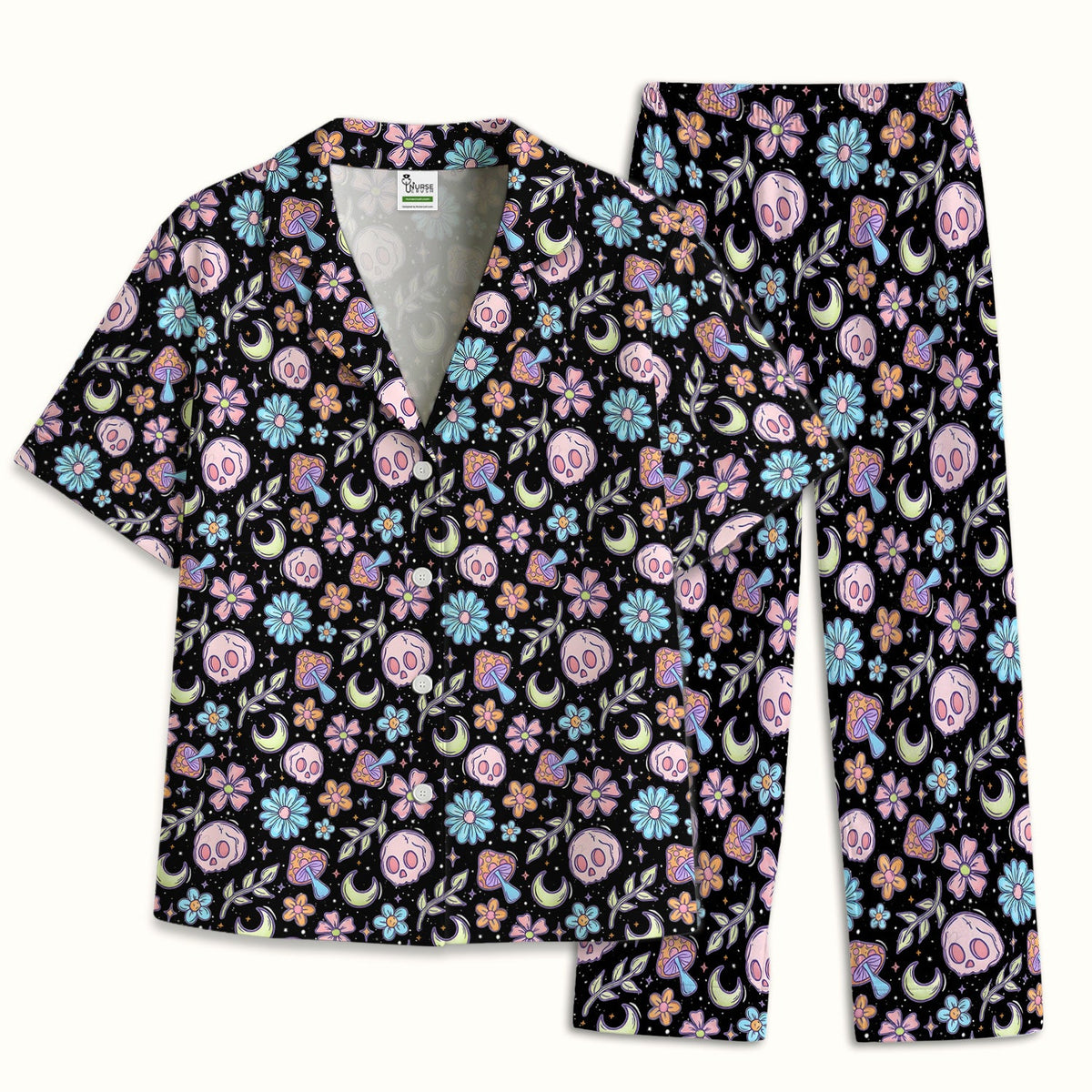 Neon Skull Mushroom Floral Nurse Pajama Set